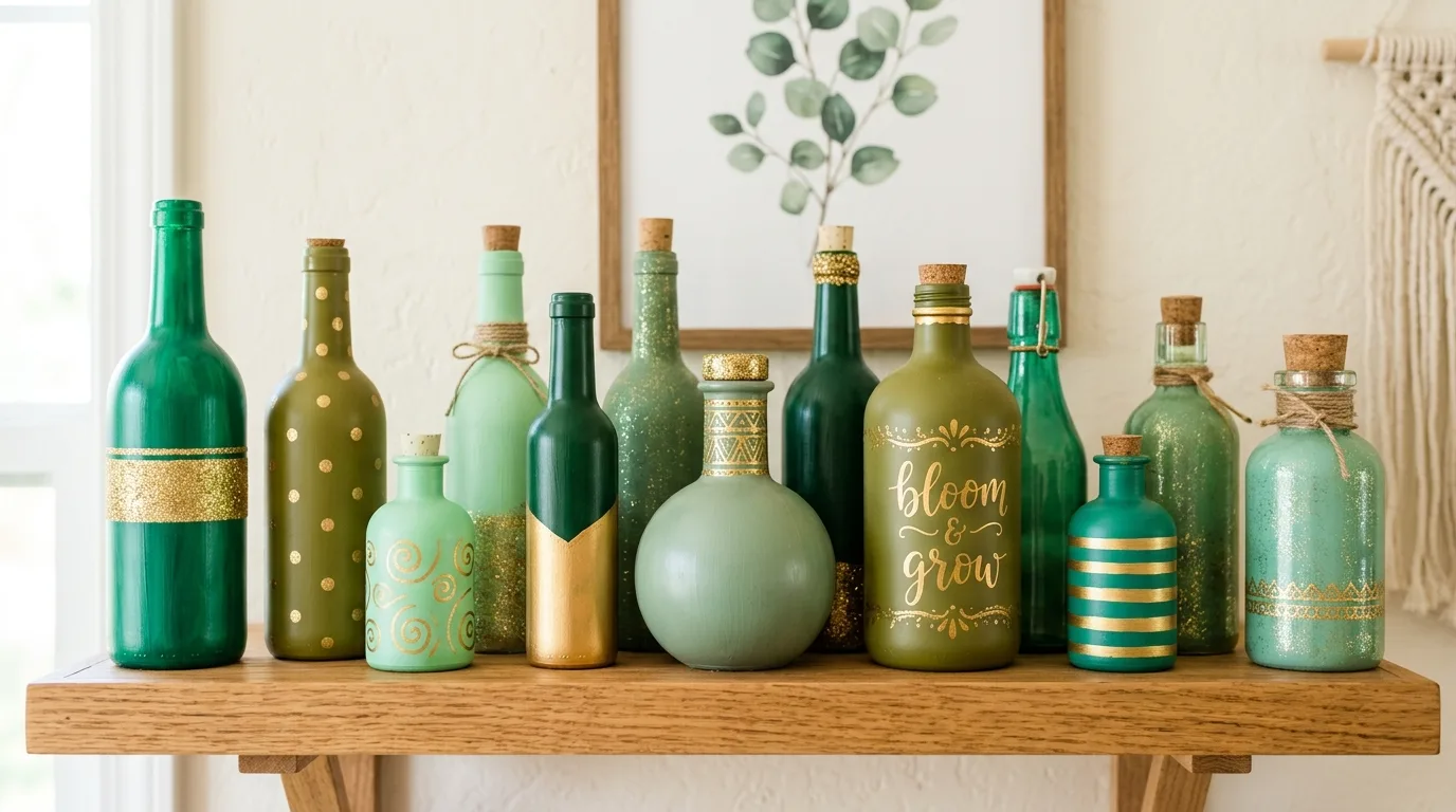 Paint jars or bottles for a quick display for 10 Lucky DIY St Patrick's Day Decor Ideas in Green and Gold