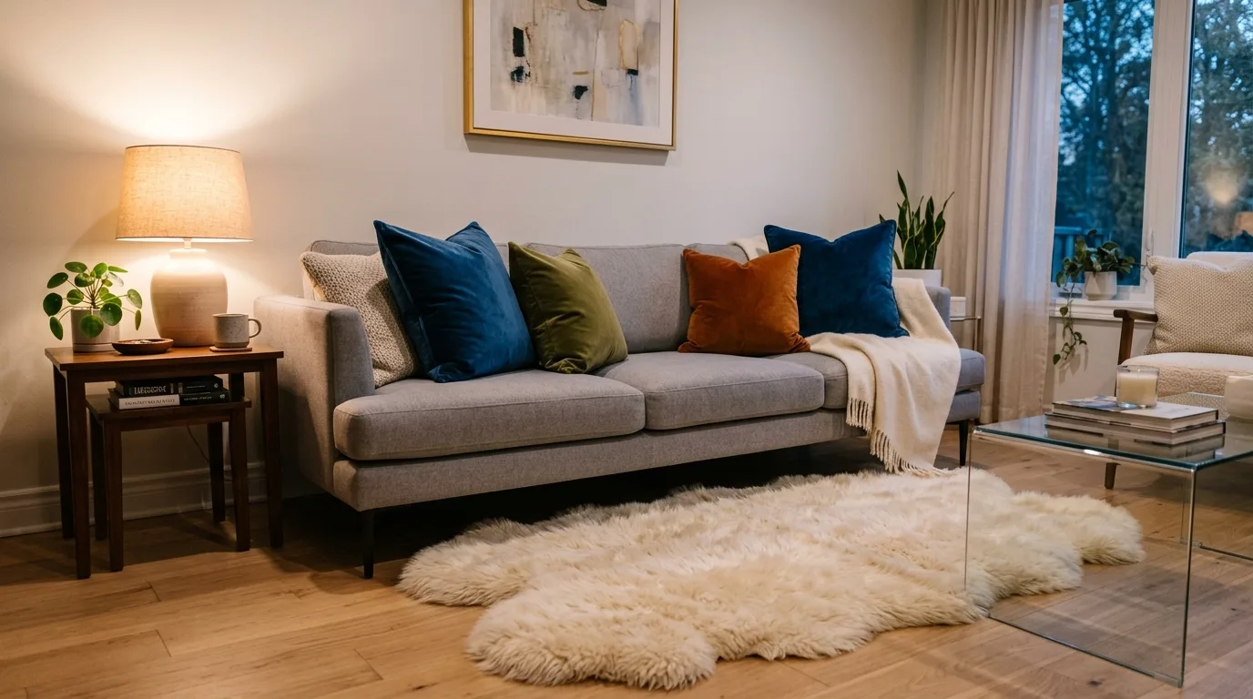 Add plush pillows and faux fur for 11 Glamorous Luxury Living Room Ideas on a Budget