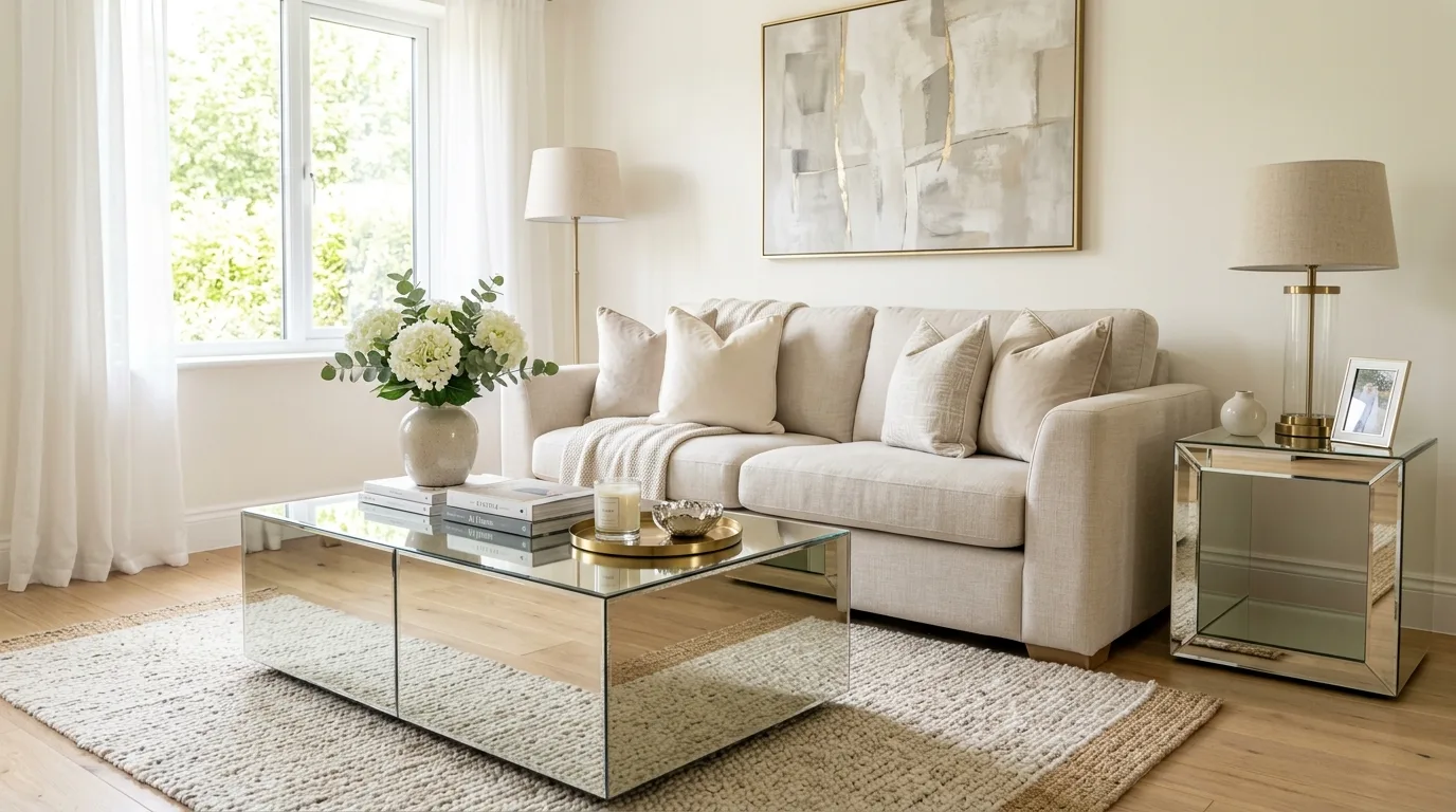 Bring in mirrored furniture sparingly for 11 Glamorous Luxury Living Room Ideas on a Budget