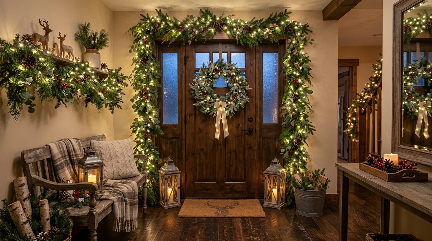 Mix practical and decorative pieces for 13 Magical Christmas Entryway Decor Ideas for Holiday Guests