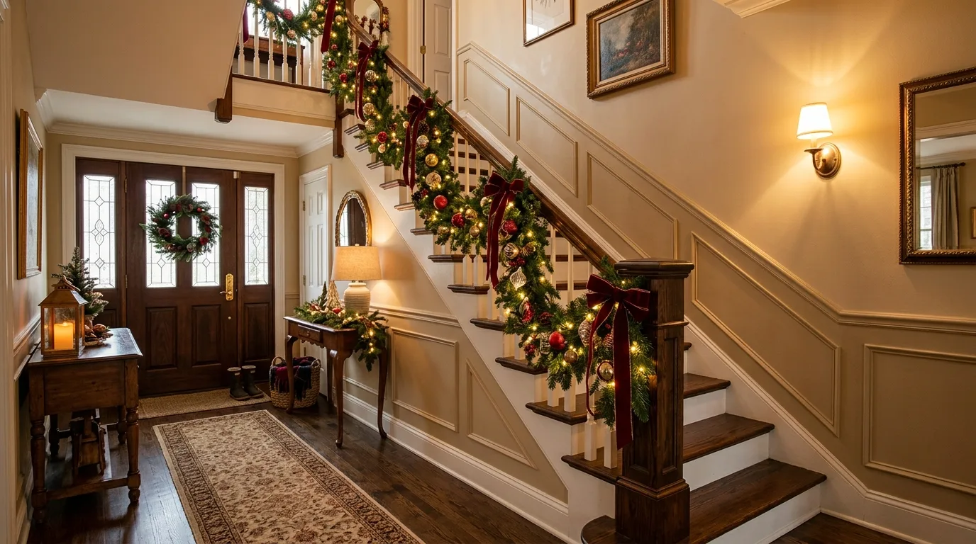 Use garland around mirrors or rails for 13 Magical Christmas Entryway Decor Ideas for Holiday Guests