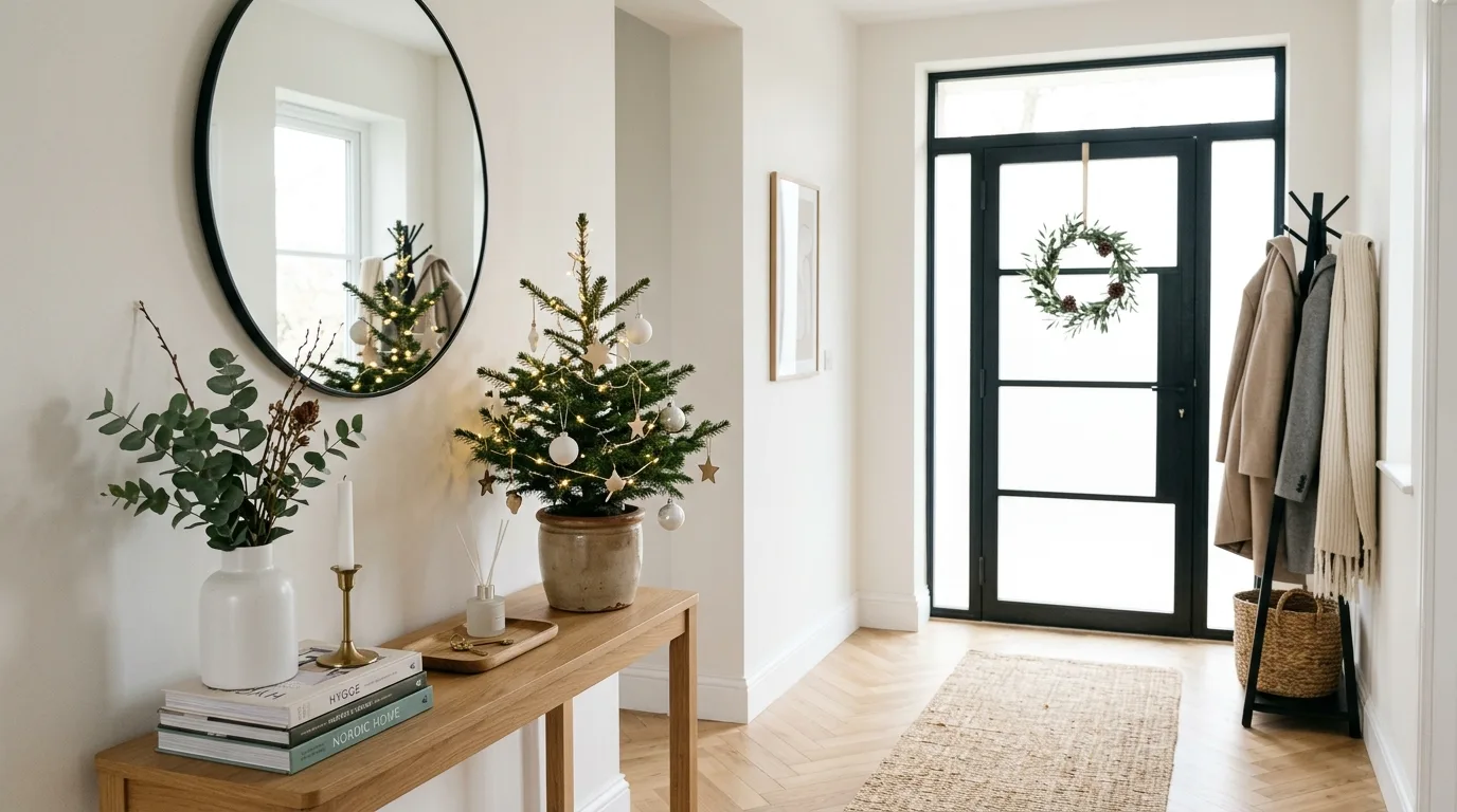 Add a mini tree or pair of small trees for 13 Magical Christmas Entryway Decor Ideas for Holiday Guests