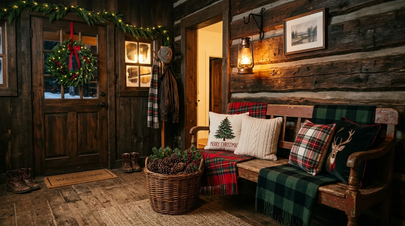 Use baskets, blankets, or a bench for coziness for 13 Magical Christmas Entryway Decor Ideas for Holiday Guests