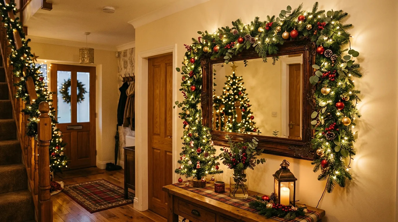 Style the mirror or artwork area for 13 Magical Christmas Entryway Decor Ideas for Holiday Guests