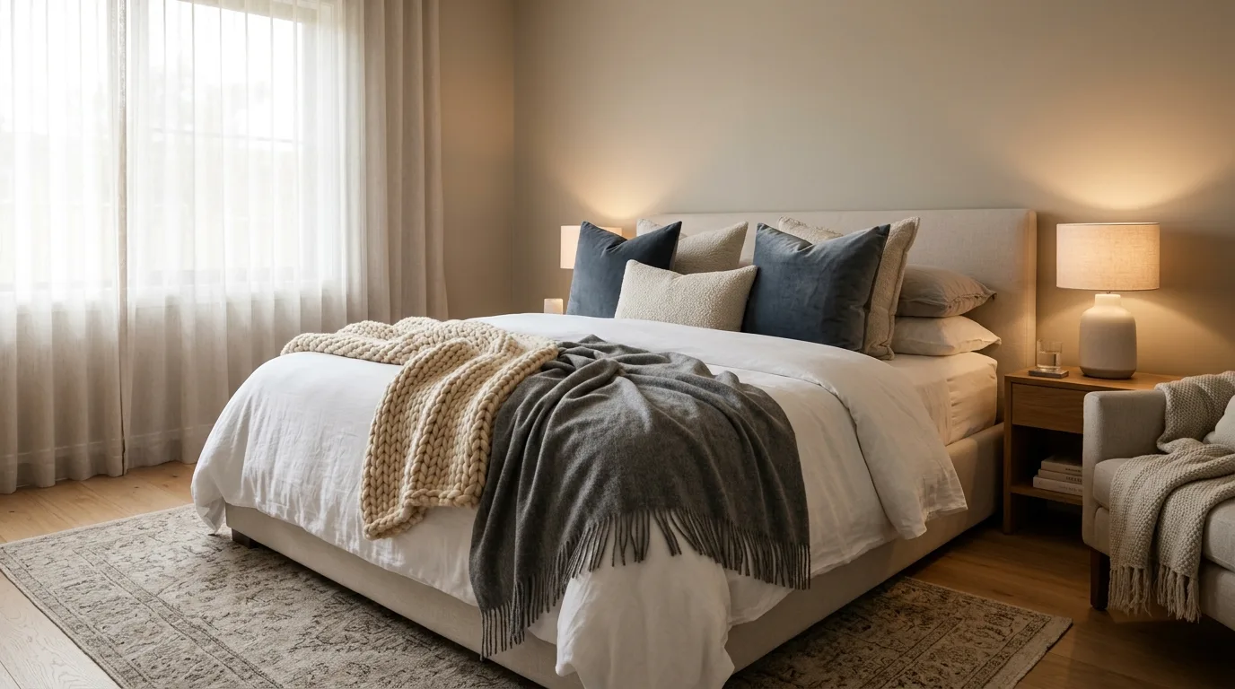 Layer plush throws and pillows for 11 Affordable Tricks to Make Bedroom Furniture Look Expensive