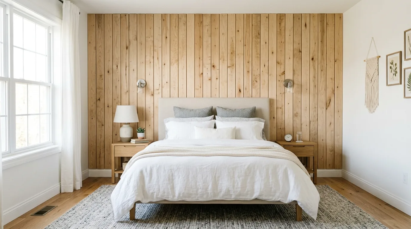 Create a statement wall behind the bed for 11 Affordable Tricks to Make Bedroom Furniture Look Expensive