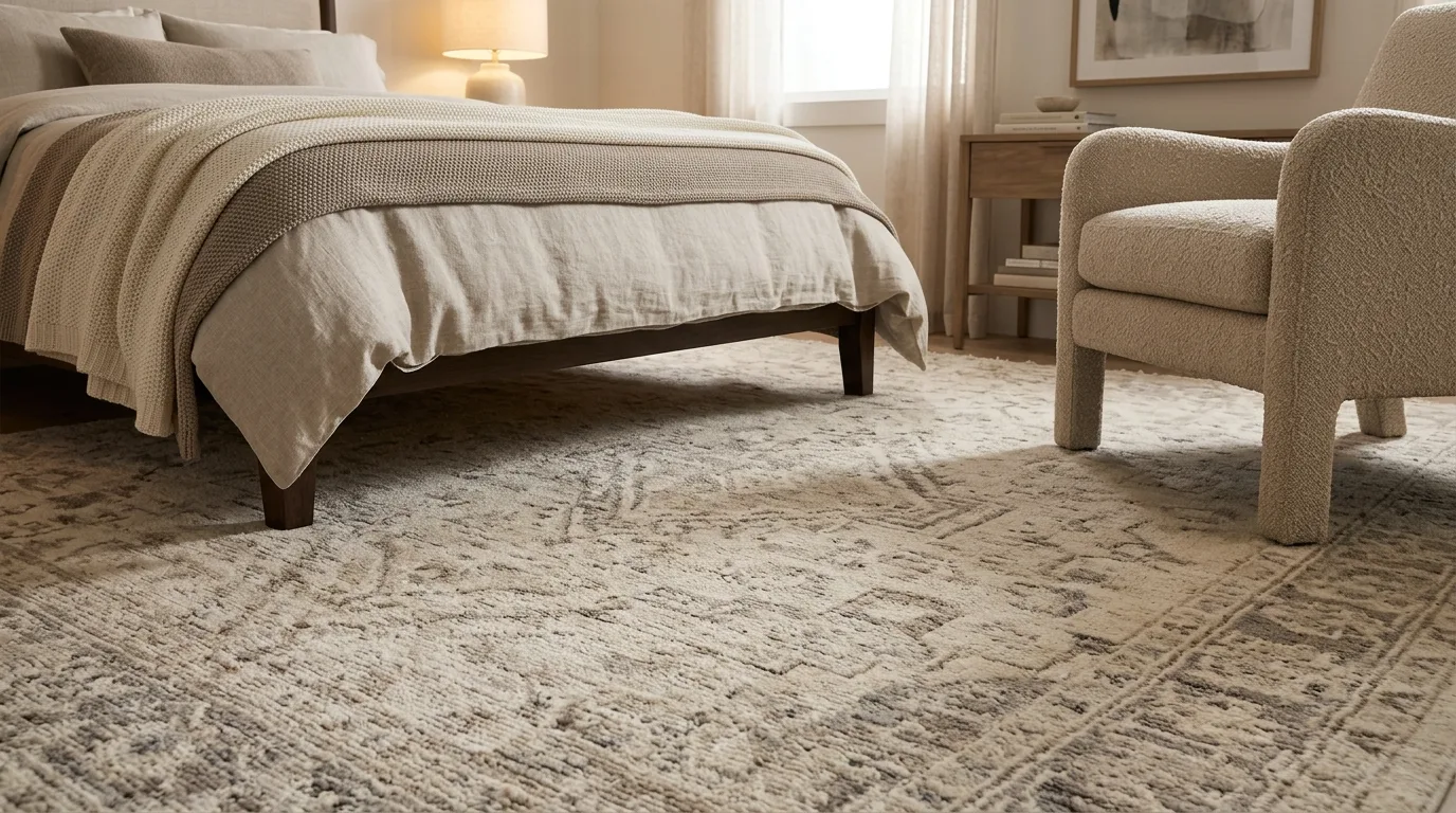 Use a rug with quiet sophistication for 11 Affordable Tricks to Make Bedroom Furniture Look Expensive