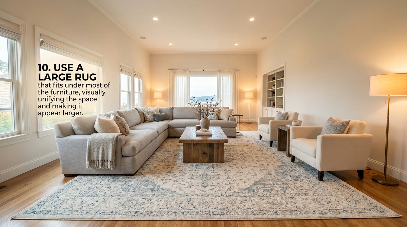 Use one large rug to unify the floor for 14 Tricks to Make a Small Bedroom Look Bigger Without Moving Walls