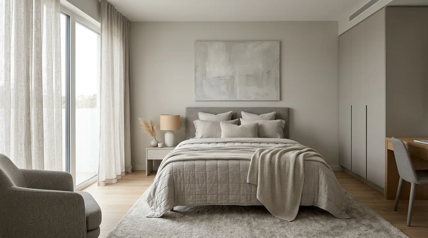 Keep the palette consistent for 14 Tricks to Make a Small Bedroom Look Bigger Without Moving Walls