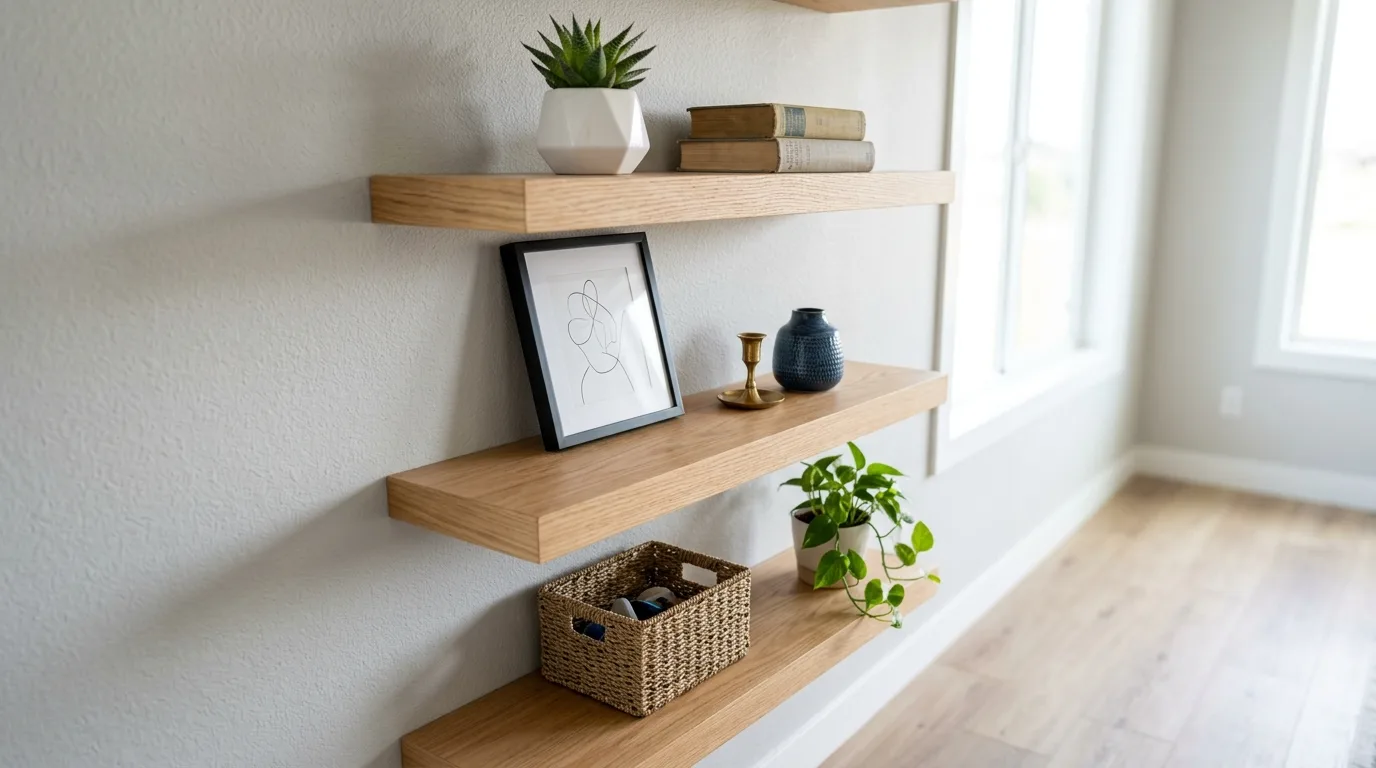 Add floating shelves for 14 Tricks to Make a Small Bedroom Look Bigger Without Moving Walls
