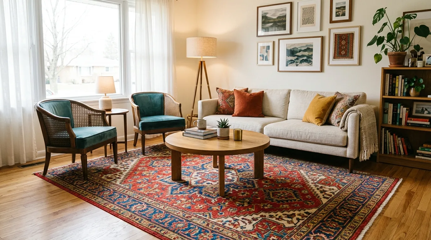 Ground the space with a rug for 13 Easy Tips on How to Make Your Room Look Good Instantly