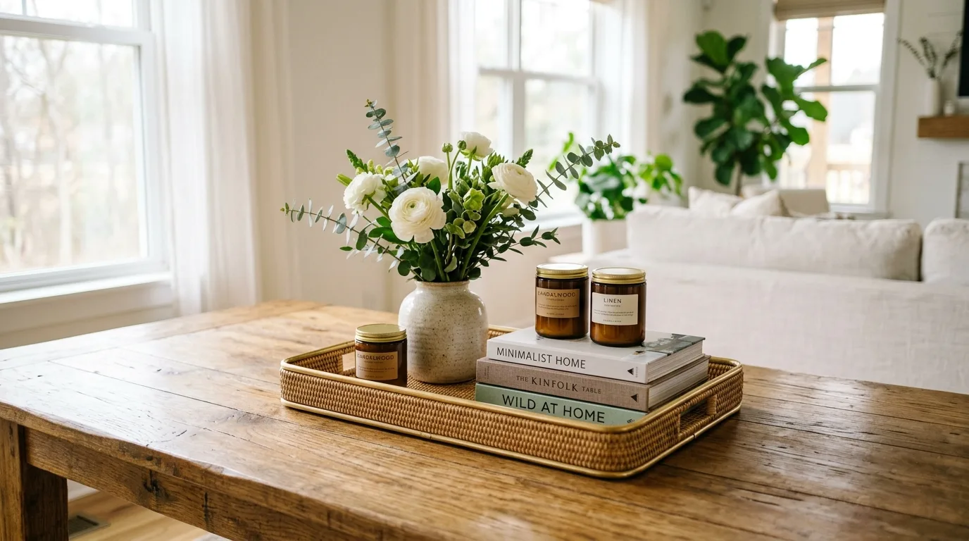 Style a tray on a table or dresser for 13 Easy Tips on How to Make Your Room Look Good Instantly