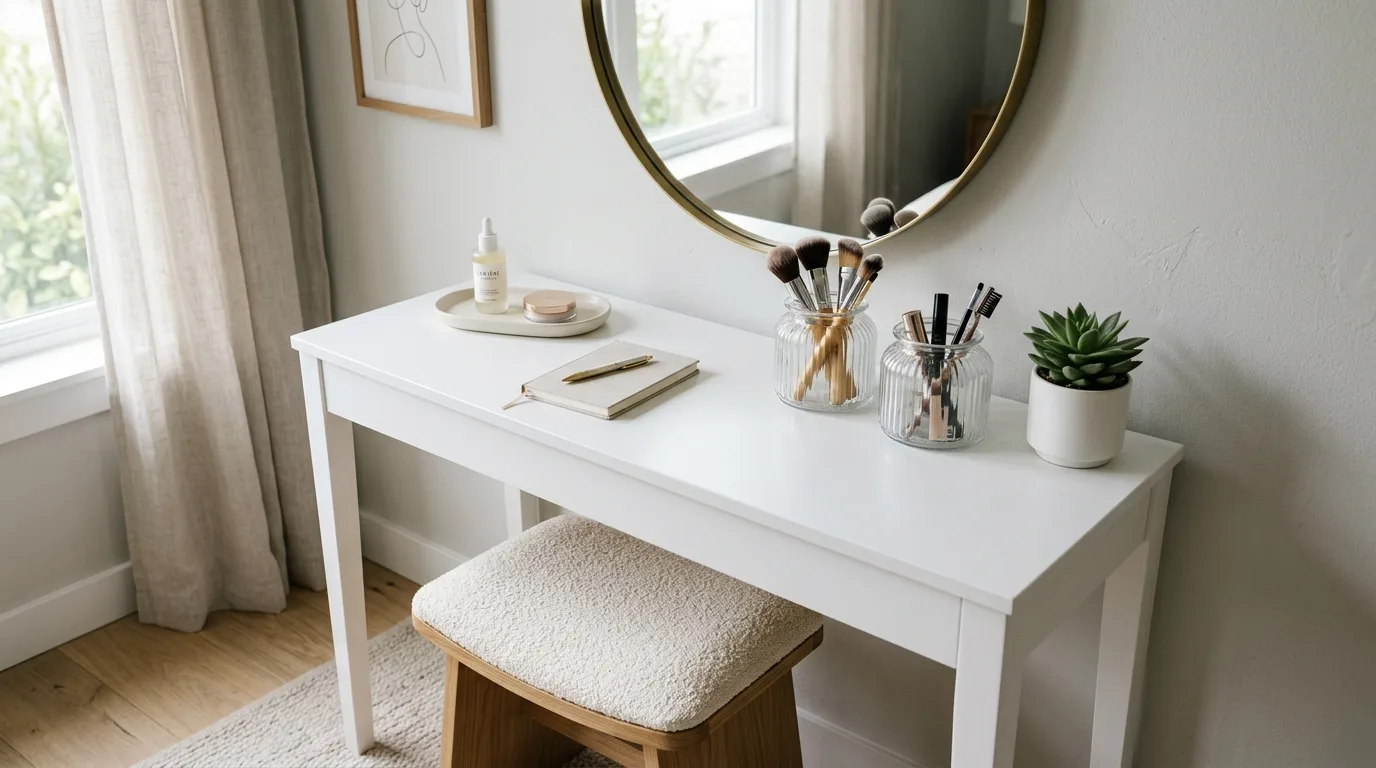 Clean lines with organized jars for 14 Stunning Makeup Vanity Table Ideas for a Glam Corner