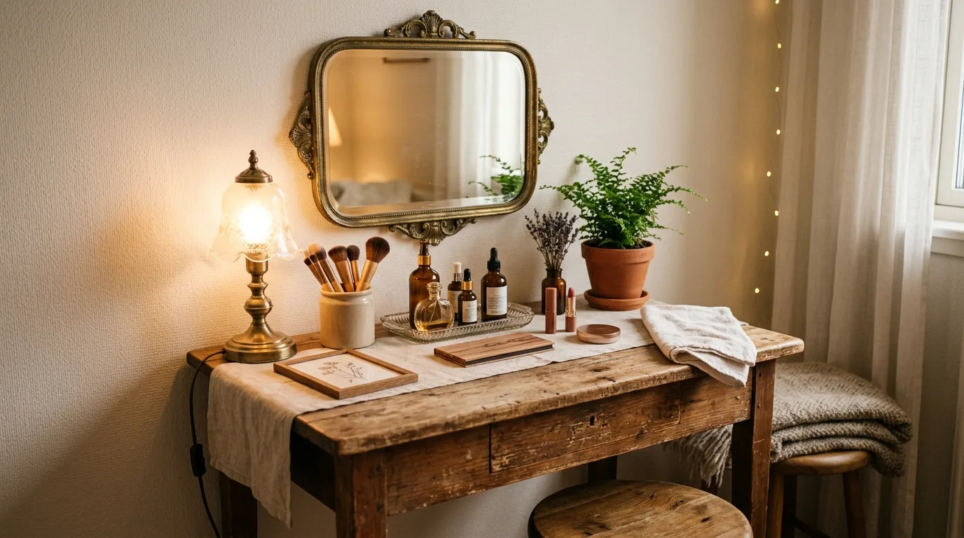 A rustic vanity with softer lighting for 14 Stunning Makeup Vanity Table Ideas for a Glam Corner