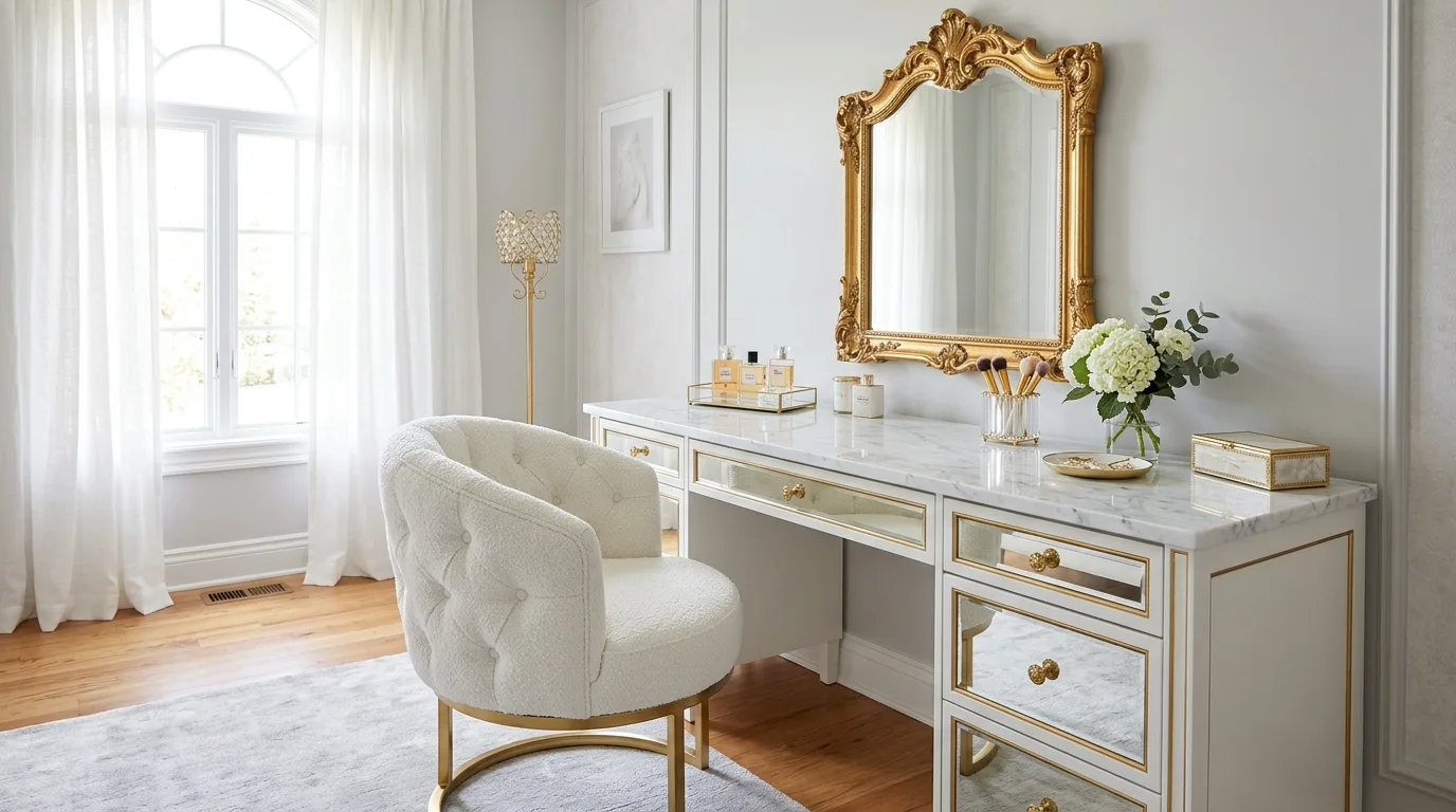 Marble countertops for a luxury note for 14 Stunning Makeup Vanity Table Ideas for a Glam Corner