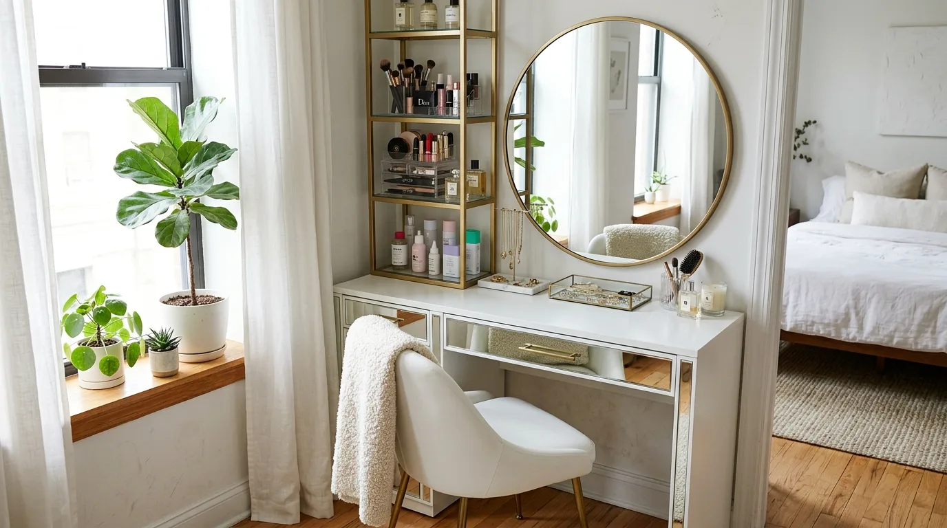Open shelving with mirrored accents for 14 Stunning Makeup Vanity Table Ideas for a Glam Corner