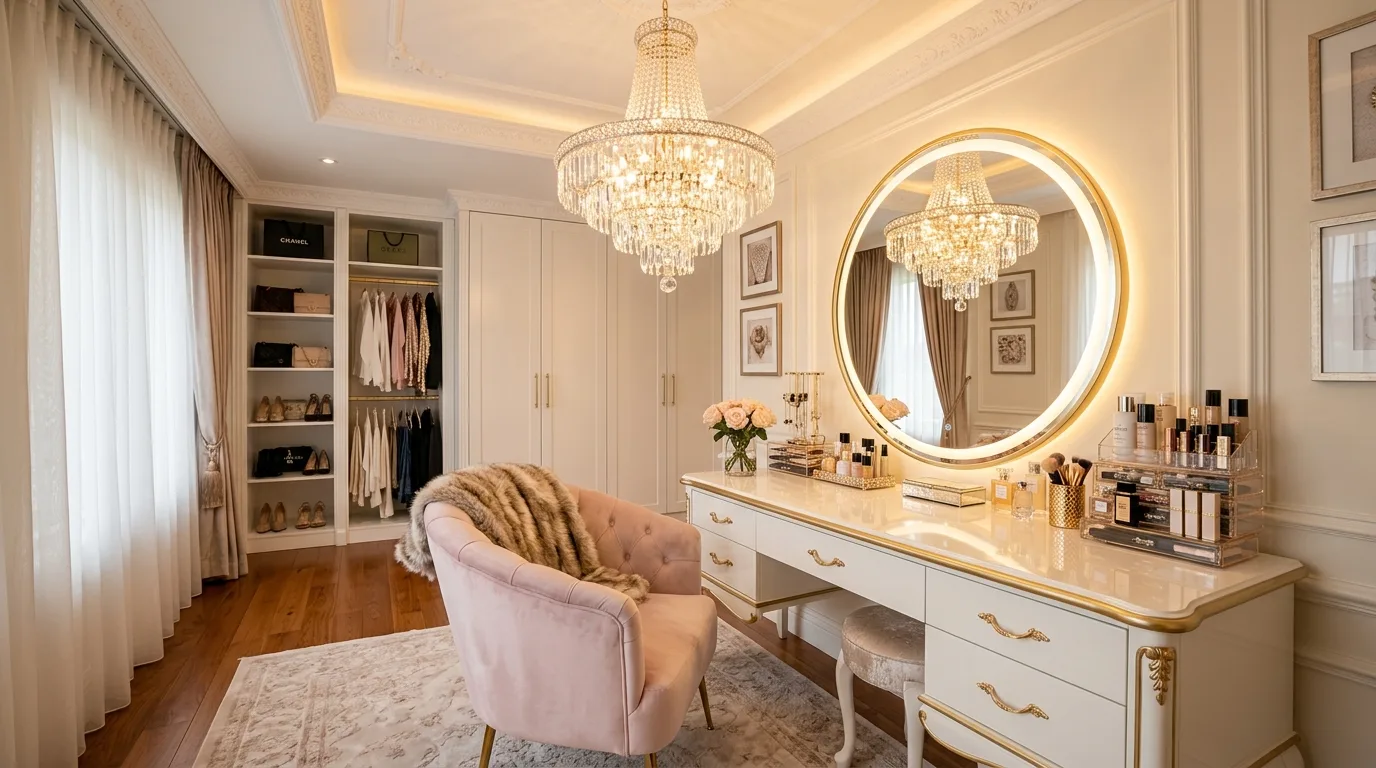 Finish with an overhead wow moment for 14 Stunning Makeup Vanity Table Ideas for a Glam Corner