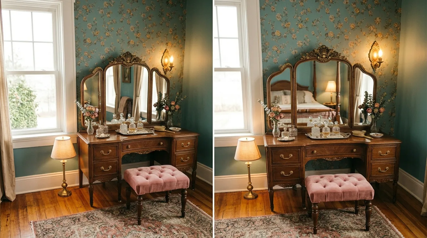 Vintage details with a velvet stool for 14 Stunning Makeup Vanity Table Ideas for a Glam Corner