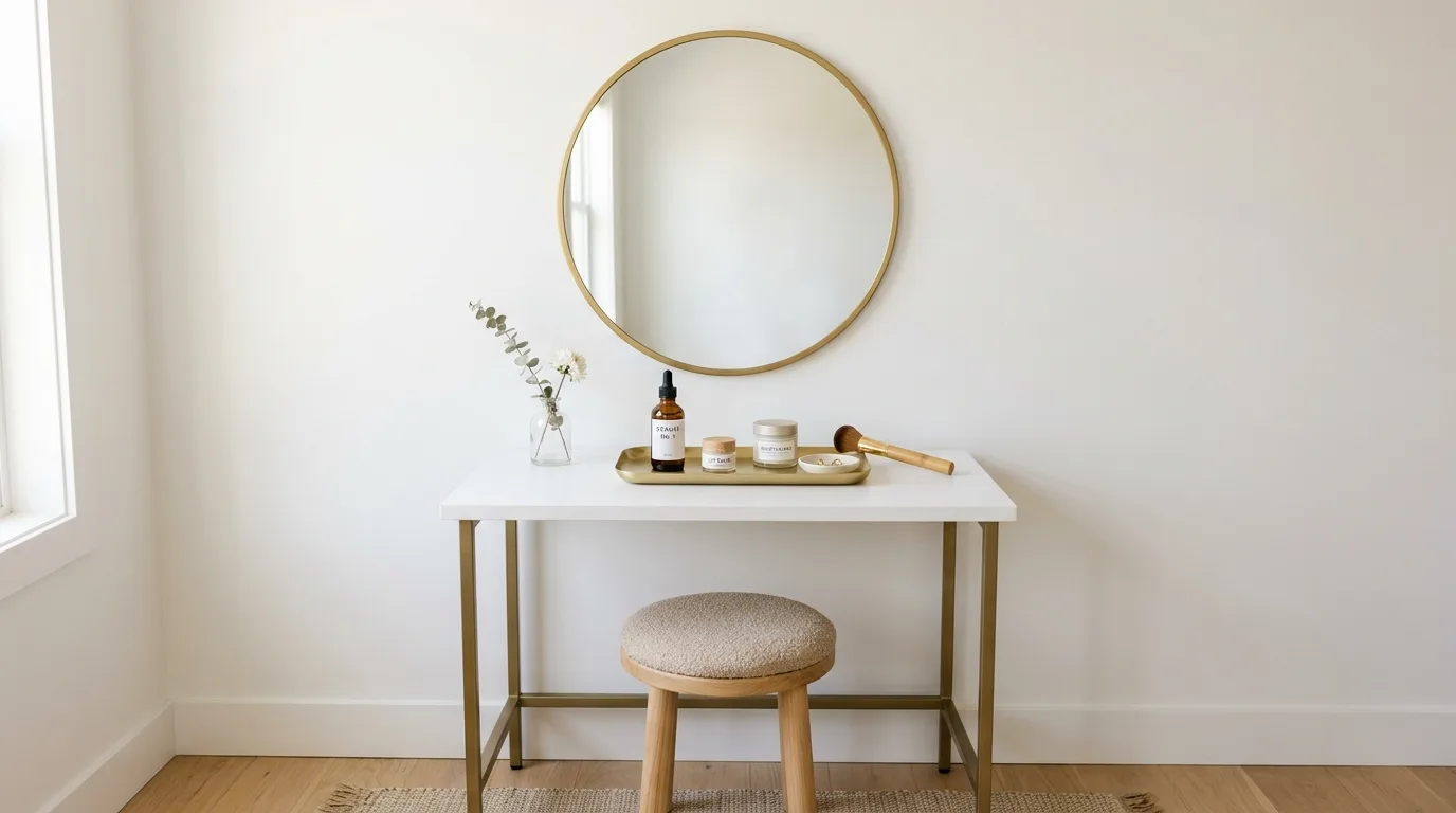 Minimalist styling with just a few essentials for 14 Stunning Makeup Vanity Table Ideas for a Glam Corner