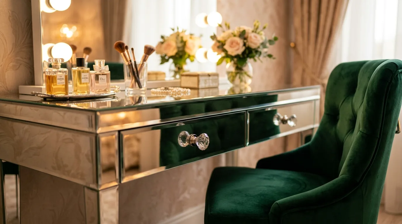 Mirrored surfaces for extra drama for 14 Stunning Makeup Vanity Table Ideas for a Glam Corner