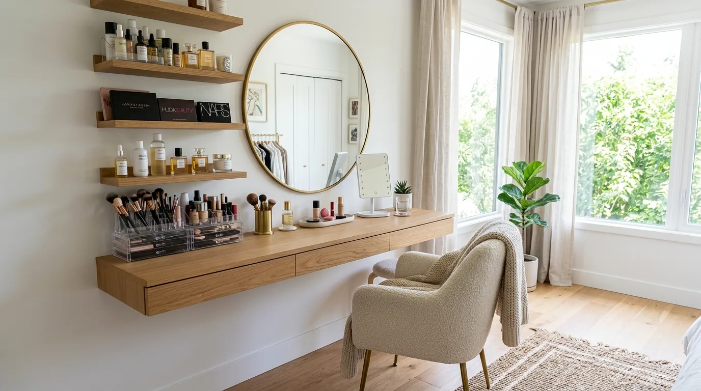 Floating shelves for beauty storage for 14 Stunning Makeup Vanity Table Ideas for a Glam Corner