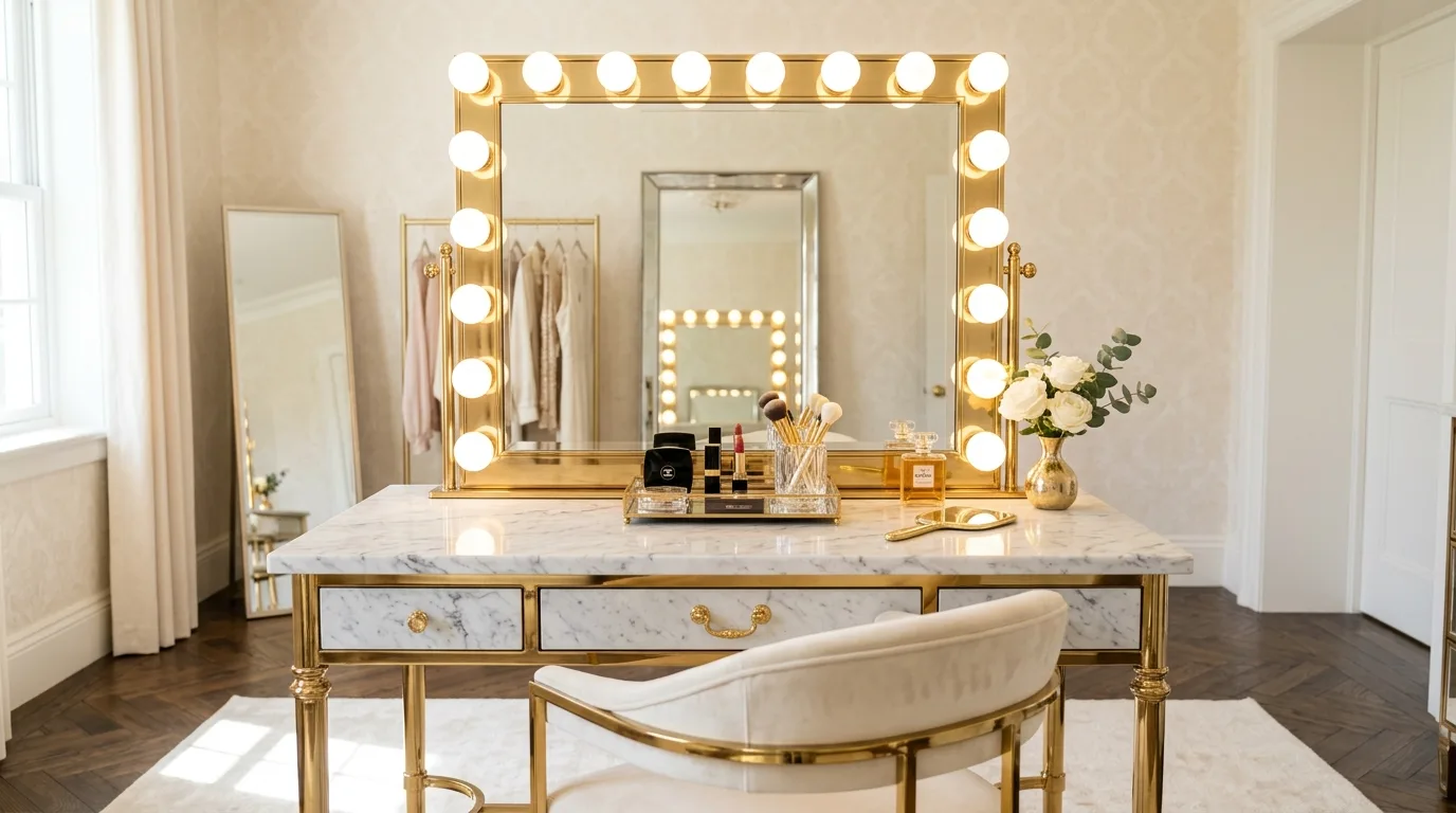 Hollywood bulbs for flattering light for 14 Stunning Makeup Vanity Table Ideas for a Glam Corner