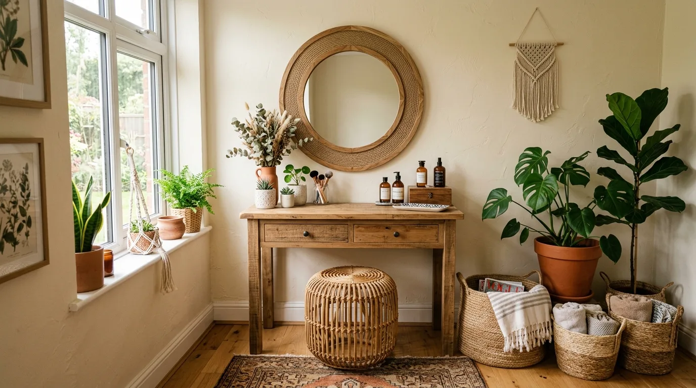 Boho warmth with natural texture for 14 Stunning Makeup Vanity Table Ideas for a Glam Corner