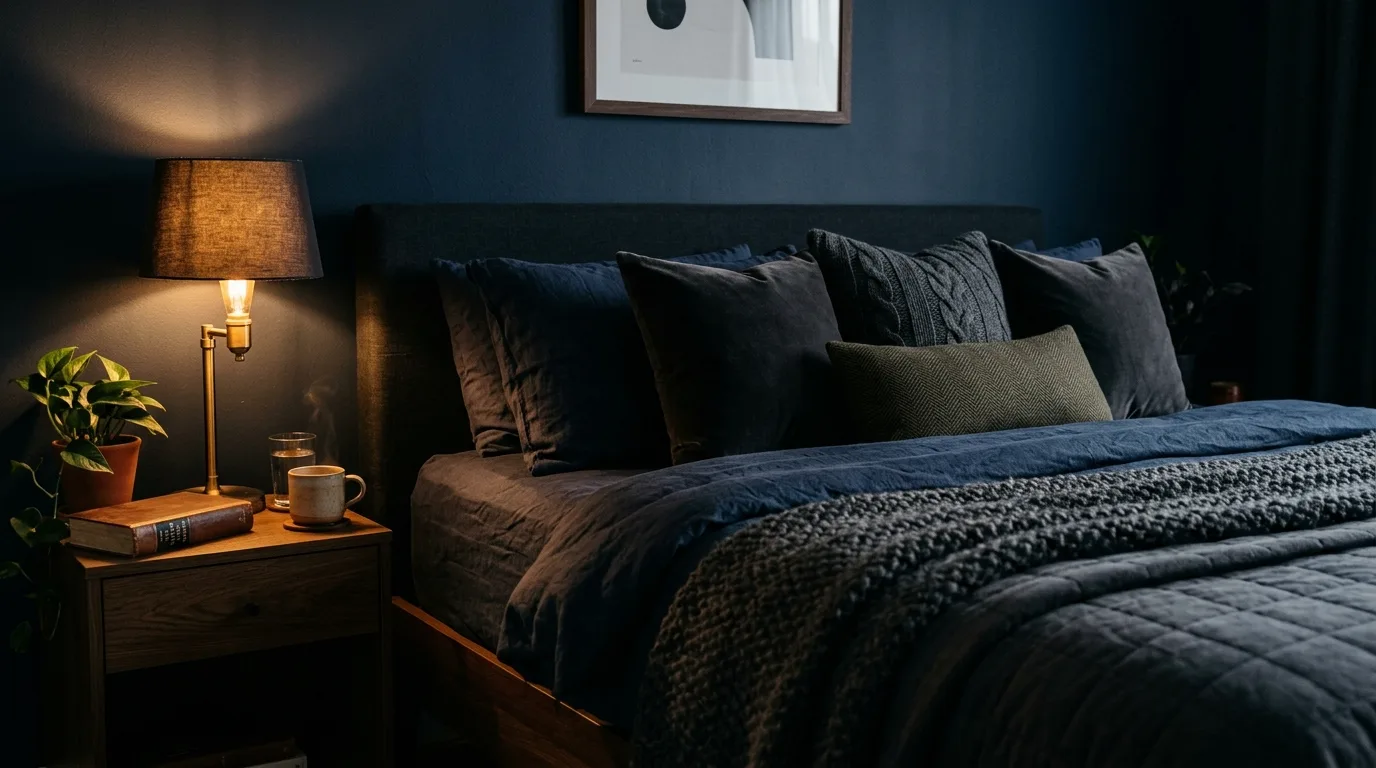 Layer the bed with restraint for 11 Masculine Male Bedroom Ideas for a Cool and Collected Space