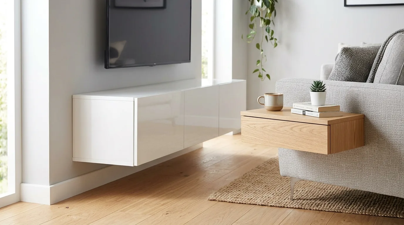 Use floating pieces where possible for 13 Modern Living Room Ideas to Update Your Space Fast