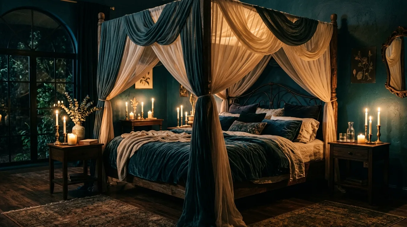 Use metallics subtly for 11 Moody Bedroom Ideas with Dark Paint Colors and Texture
