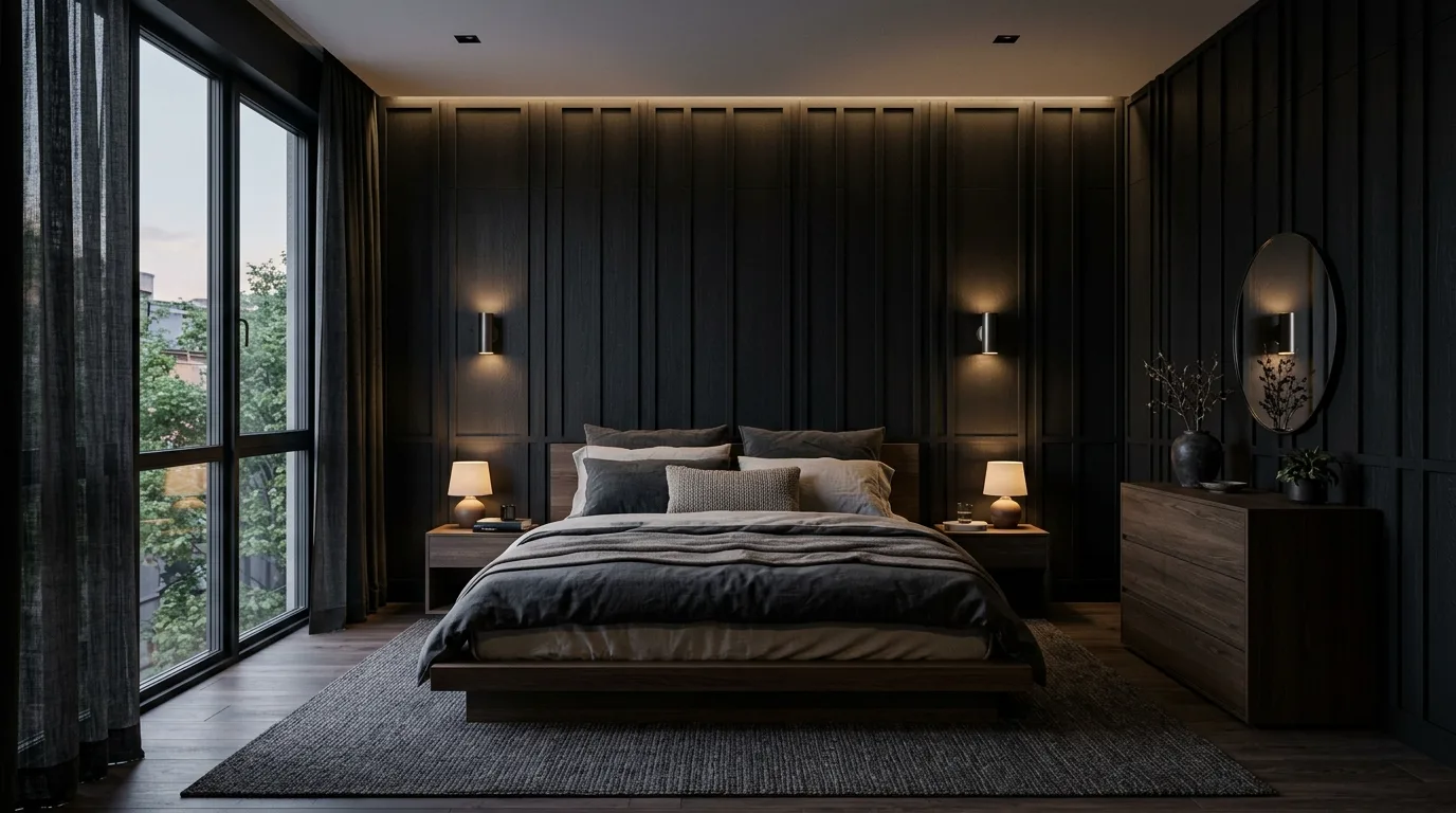 Use warm bedside lighting for 11 Moody Bedroom Ideas with Dark Paint Colors and Texture