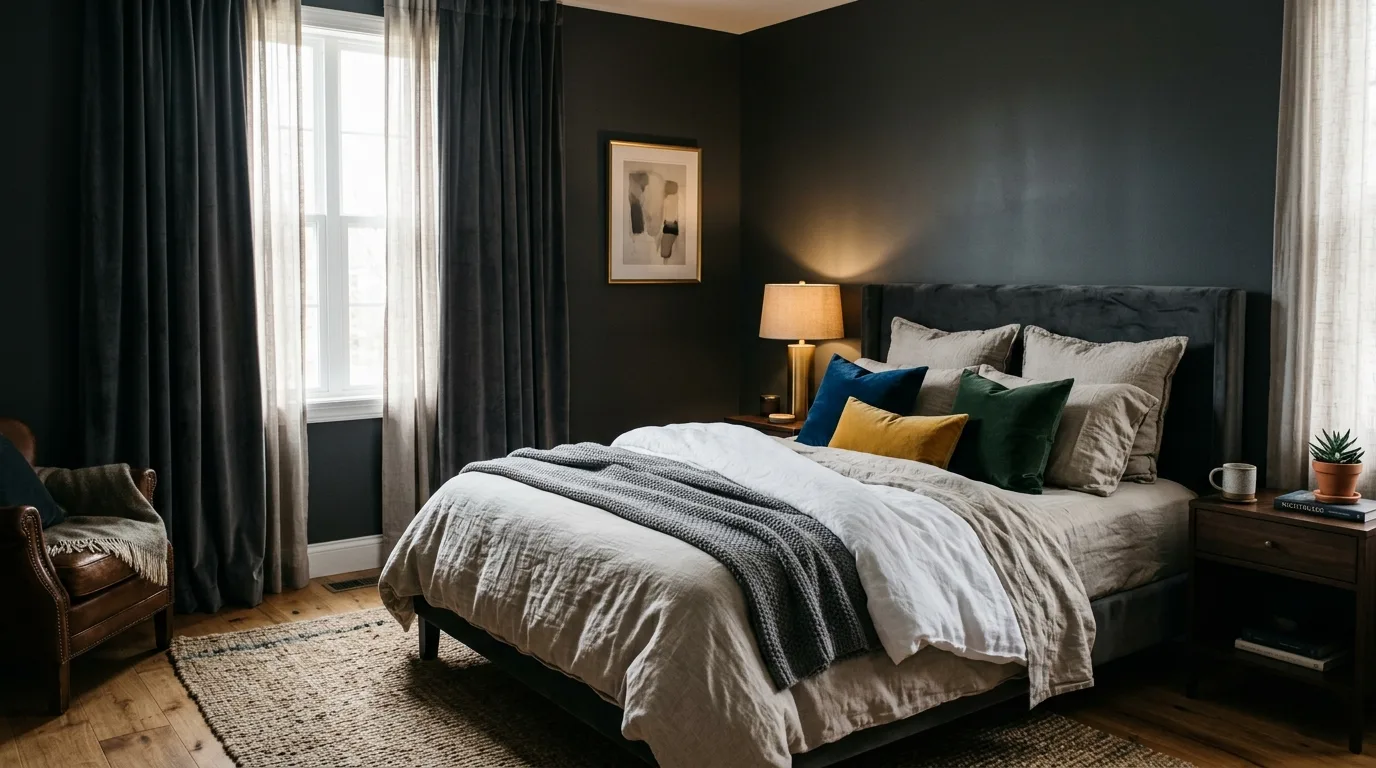 Bring in wood to warm the darkness for 11 Moody Bedroom Ideas with Dark Paint Colors and Texture