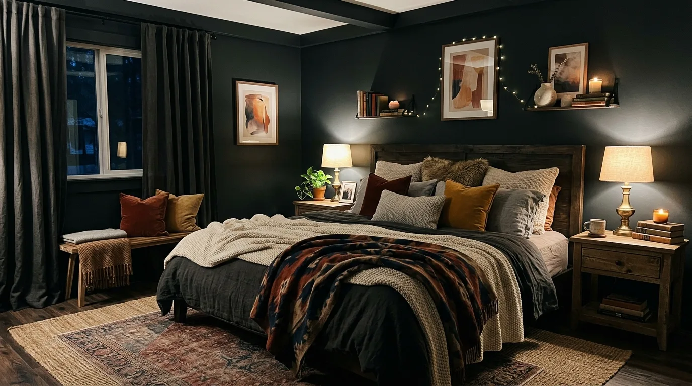 Add rugs and curtains generously for 11 Moody Bedroom Ideas with Dark Paint Colors and Texture