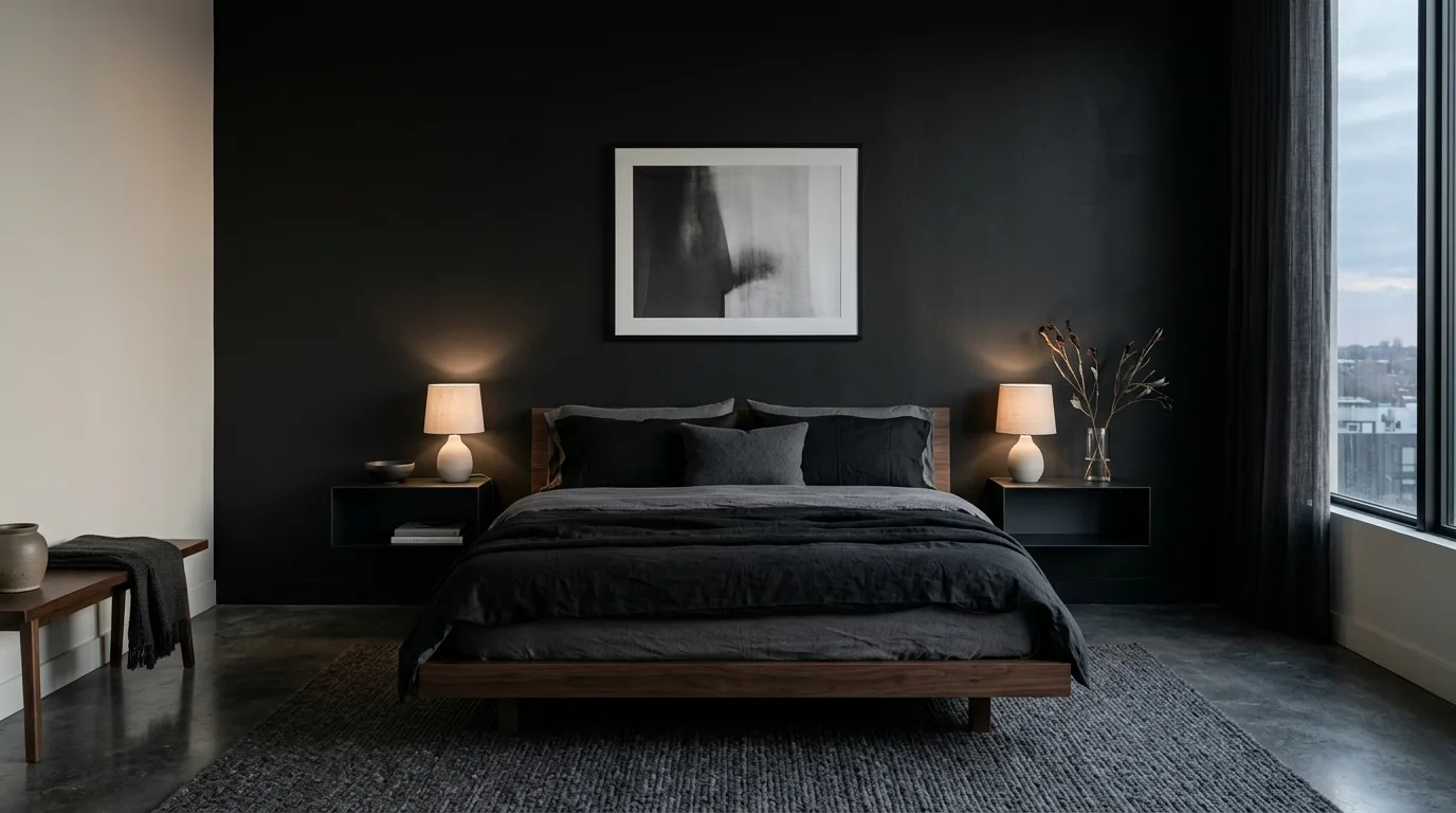 Balance dark tones with natural wood for 13 Tips for Styling a Moody Guest Bedroom for Visitors