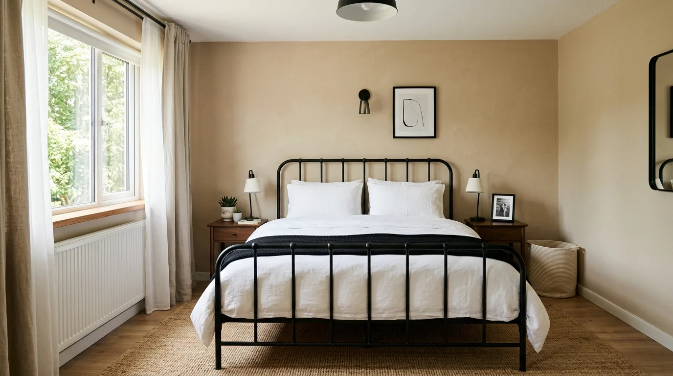 Pair beige walls with black accents for 11 Neutral Beige and Black Bedroom Ideas for Timeless Contrast