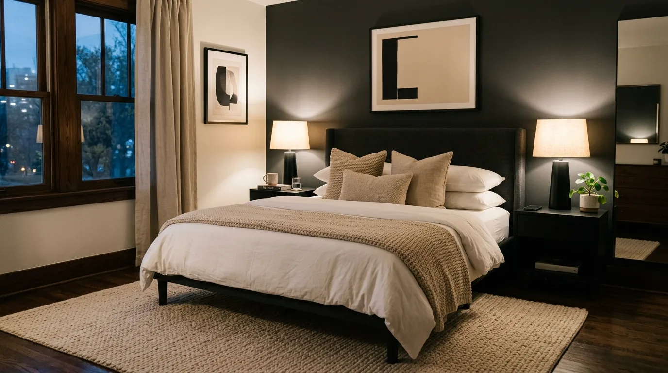 Use black nightstands for sharp contrast for 11 Neutral Beige and Black Bedroom Ideas for Timeless Contrast