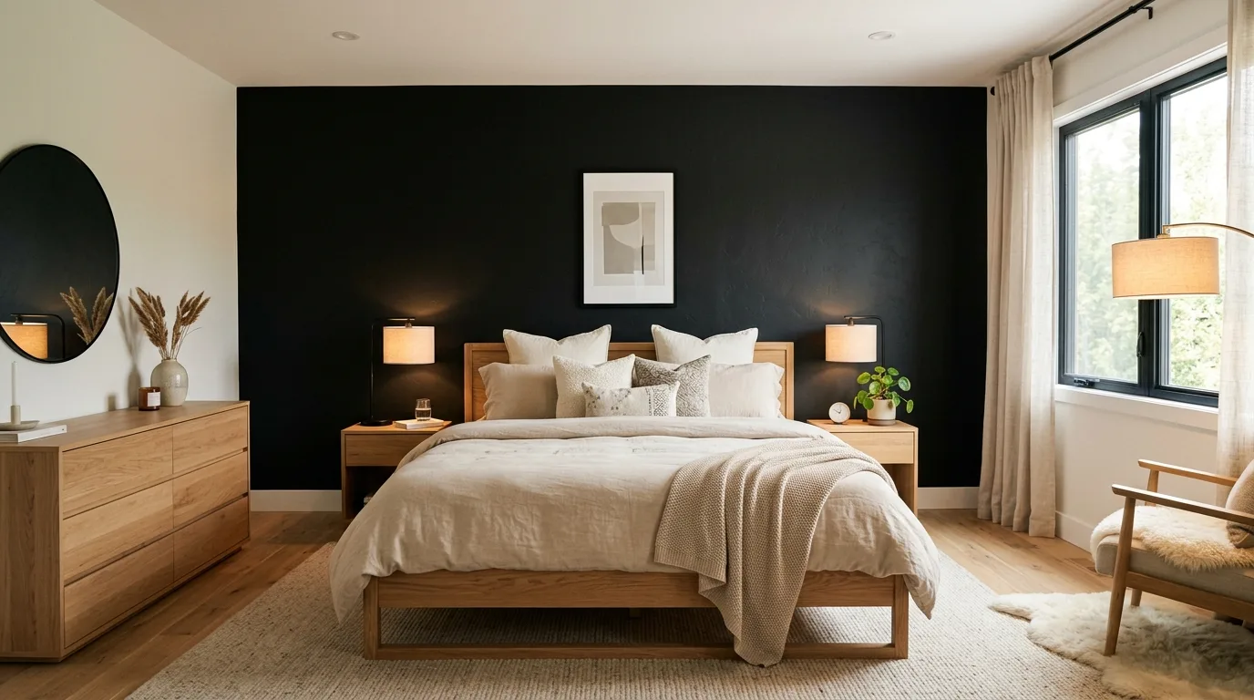 Let wood warm up the palette for 11 Neutral Beige and Black Bedroom Ideas for Timeless Contrast