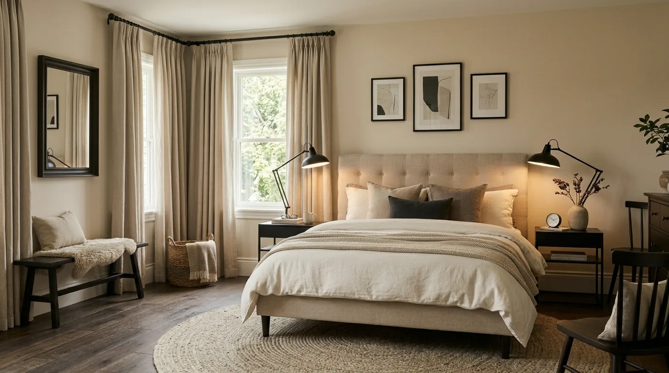 Mix in a black chair or bench for 11 Neutral Beige and Black Bedroom Ideas for Timeless Contrast