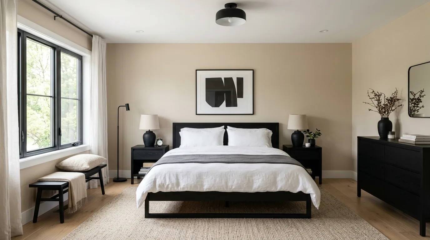 Play with black pillows and lamps for 11 Neutral Beige and Black Bedroom Ideas for Timeless Contrast