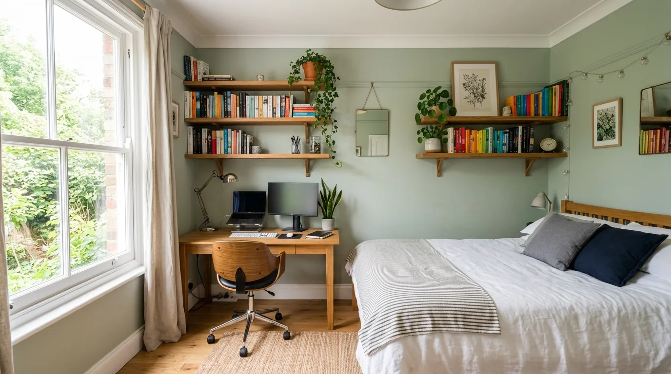 Use wall-mounted shelves for 12 Ways to Organize a Small Bedroom Without Buying New Furniture