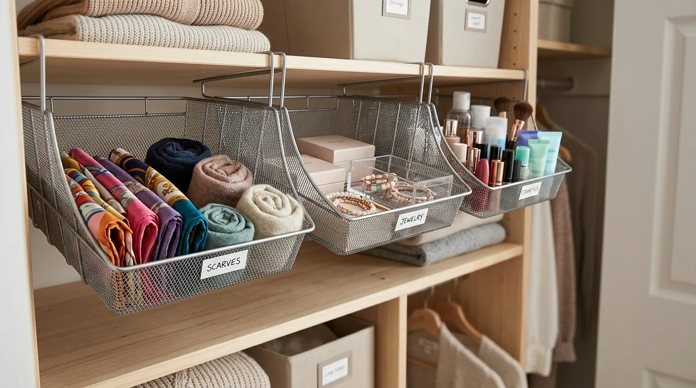 Use under-shelf baskets for 12 Ways to Organize a Small Bedroom Without Buying New Furniture