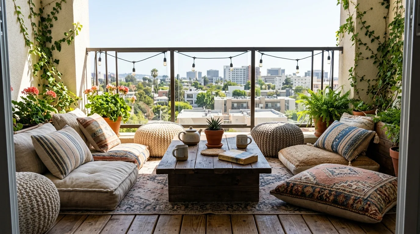 Try floor cushions for a casual lounge mood for 13 Outdoor Balcony Ideas for a Fresh Air Escape