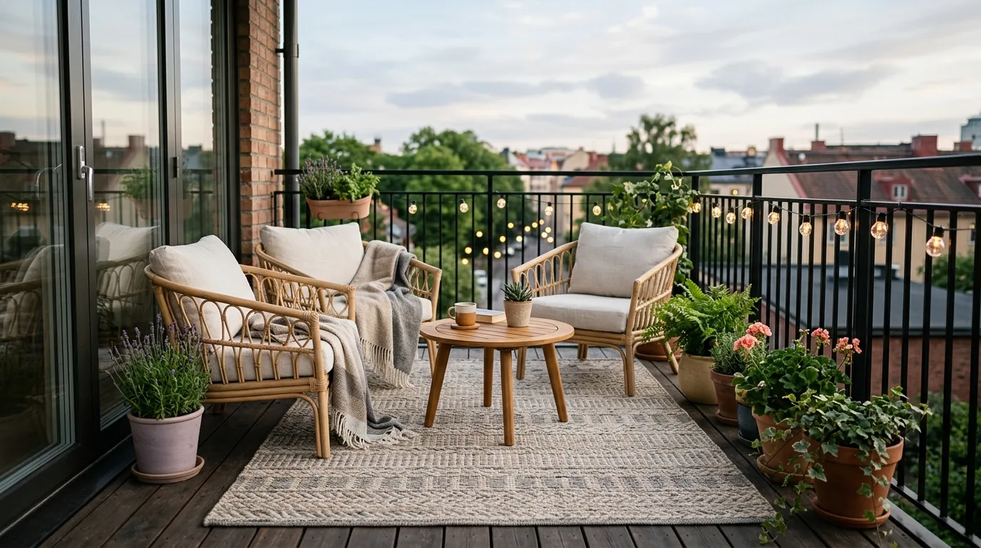 Use a rug to anchor the layout for 13 Outdoor Balcony Ideas for a Fresh Air Escape