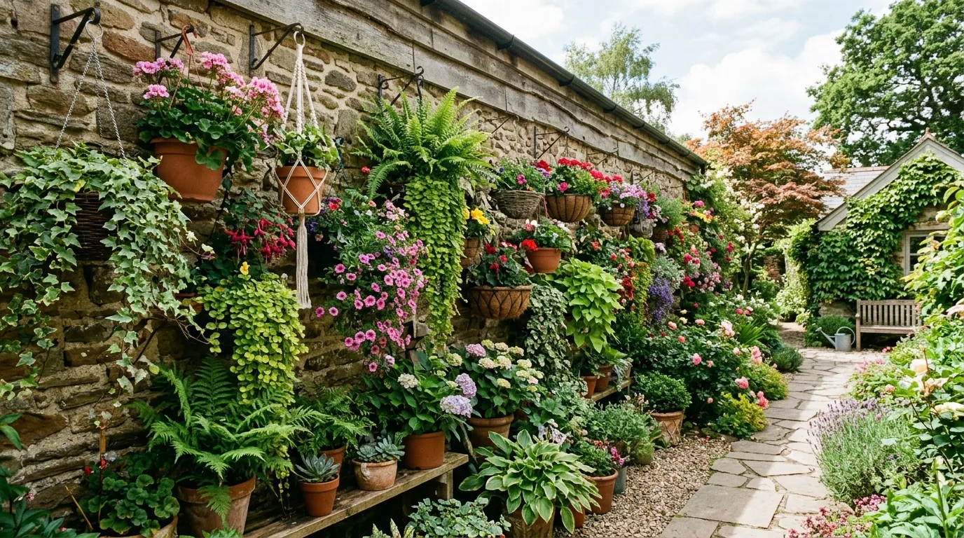 Use hanging planters to soften height for 14 Inspiring Outdoor Wall Design Ideas for a Gorgeous Focal Point