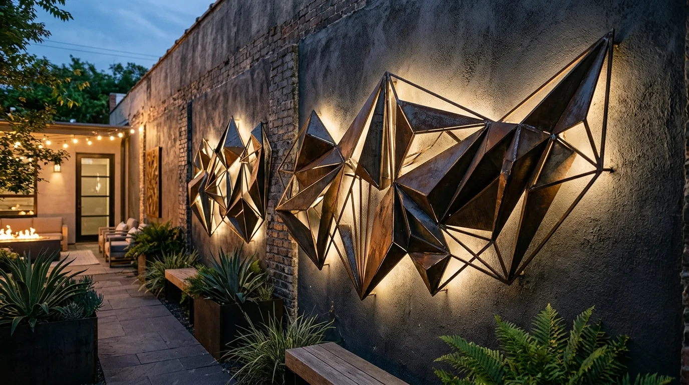 Add metal wall art for an architectural edge for 14 Inspiring Outdoor Wall Design Ideas for a Gorgeous Focal Point