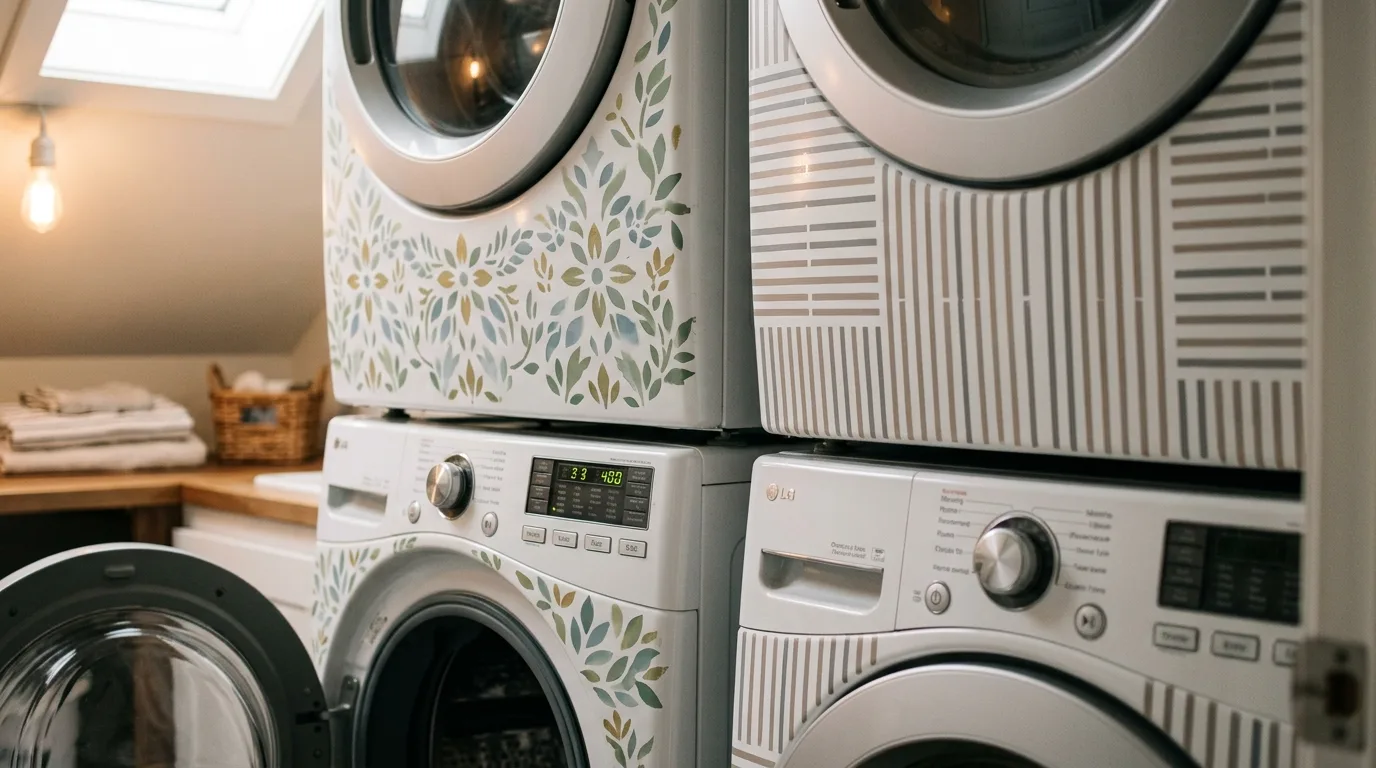 Stencils can add a custom front panel for 10 Genius Hack to Paint a Washer and Dryer for a Laundry Room Refresh
