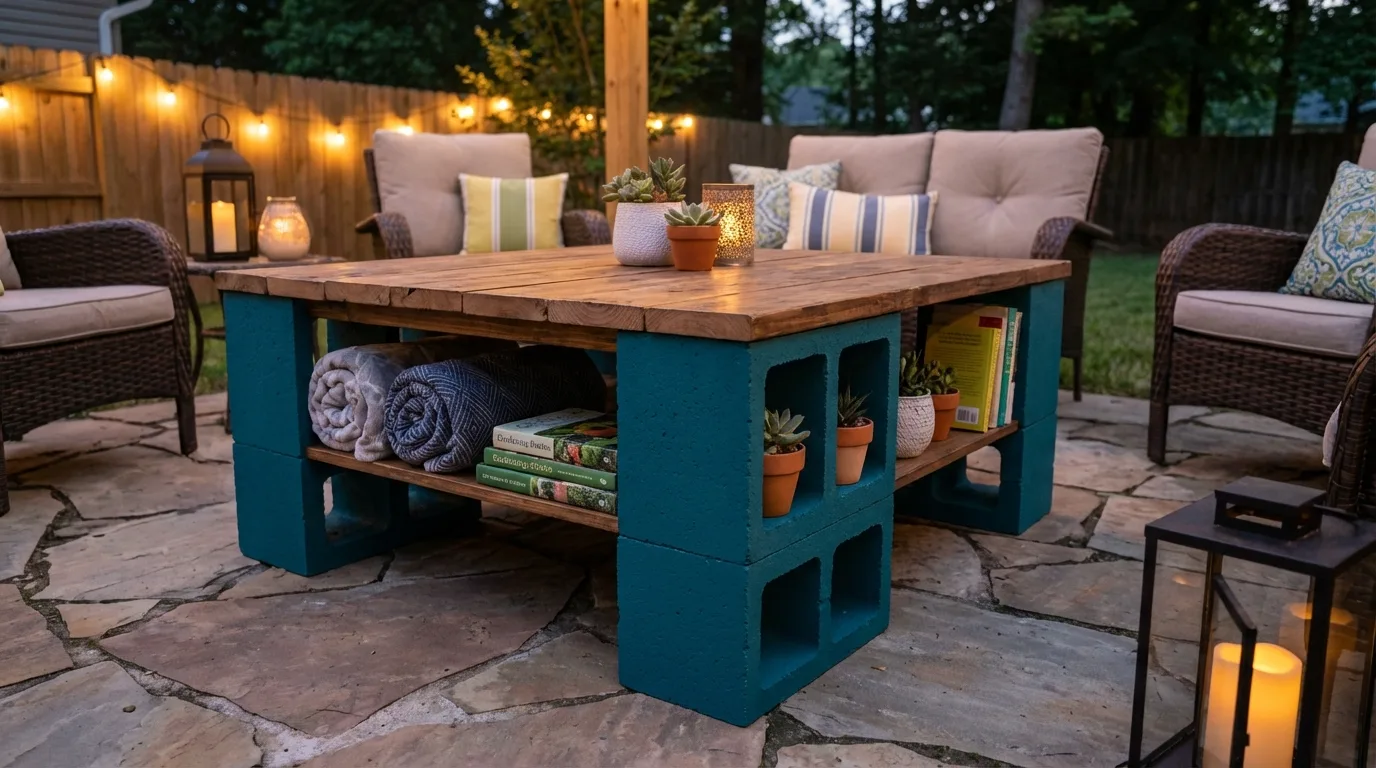 Try a cinder block coffee table for 11 Genius Painted Cinder Block Ideas for Outdoor Furniture