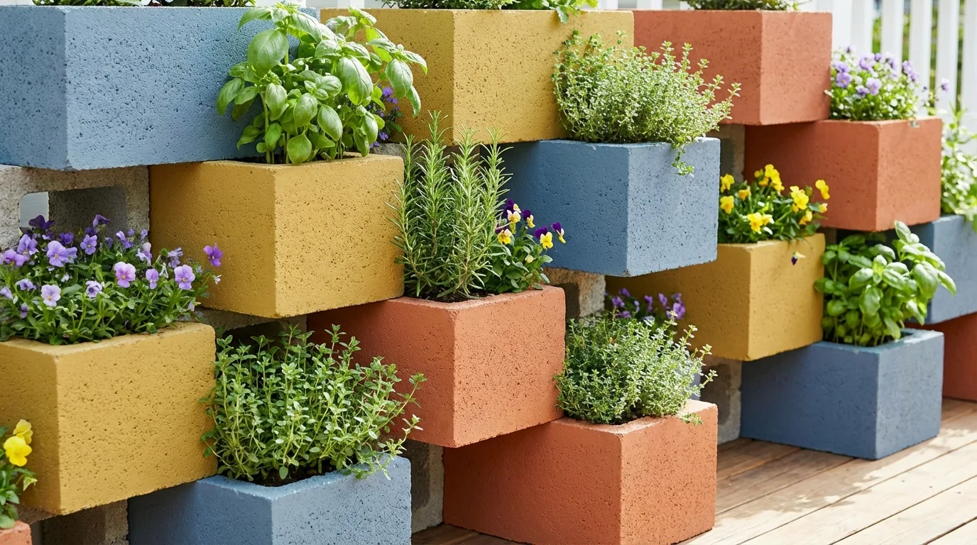 Stack blocks into a vertical planter for 11 Genius Painted Cinder Block Ideas for Outdoor Furniture