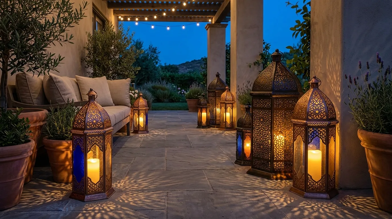 Place lanterns on the floor for depth for 12 Magical Patio Lighting Ideas for Evening Ambiance