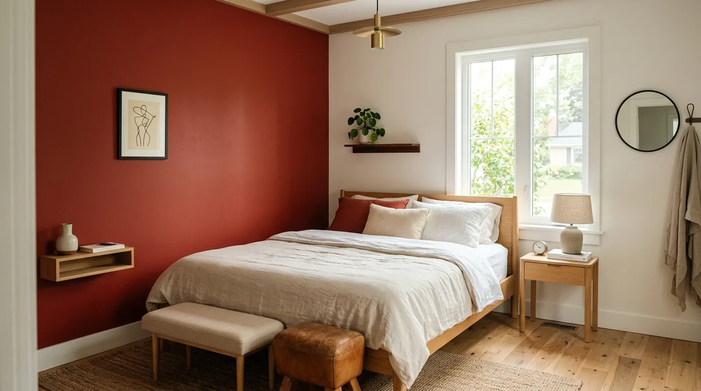 Add dark wood for depth for 10 Bold Red Bedroom Ideas for a Passionate Pop of Color